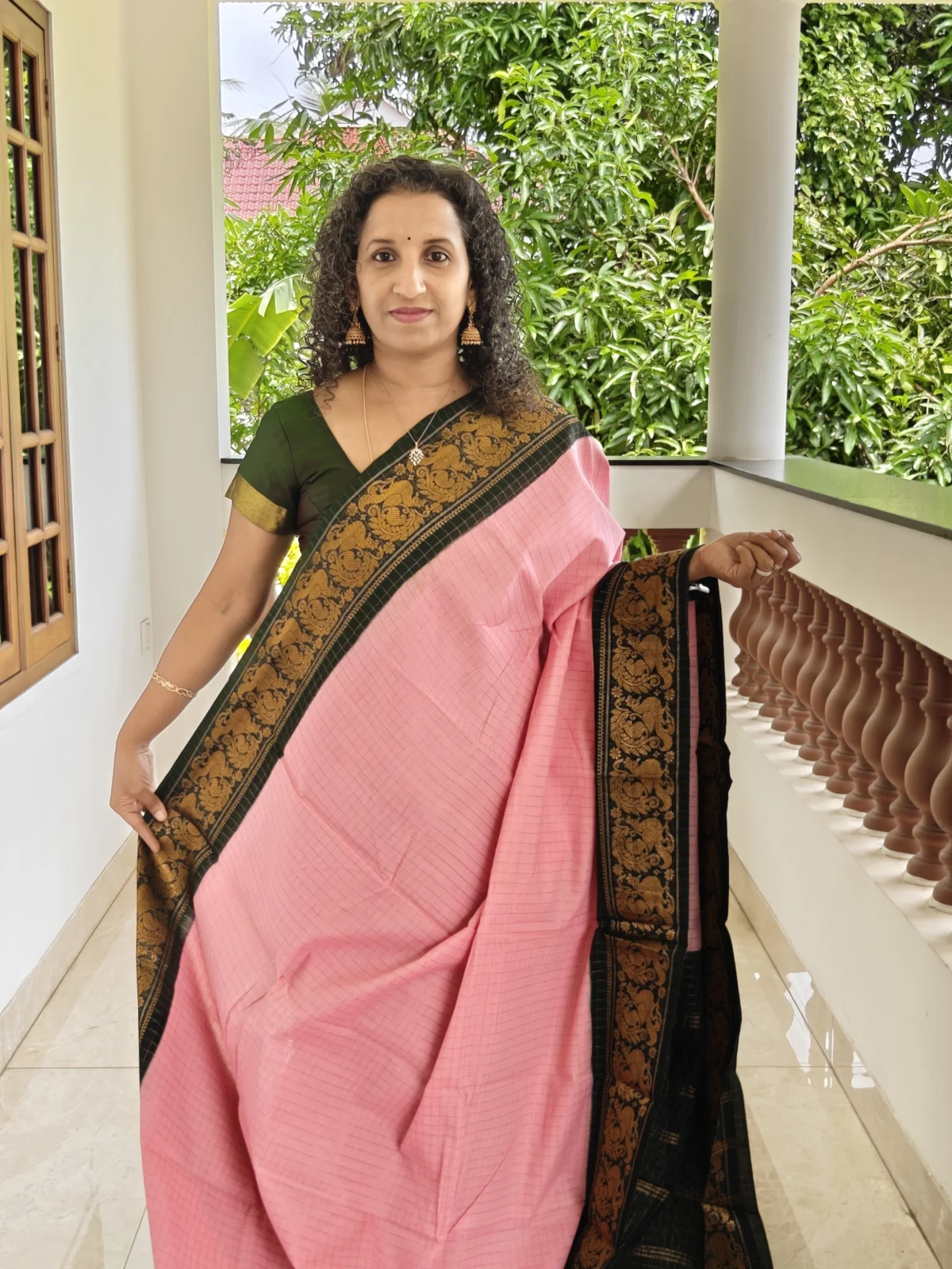 Pink and Green Sungudi Cotton Saree with Zari Kattam and Peacock Border